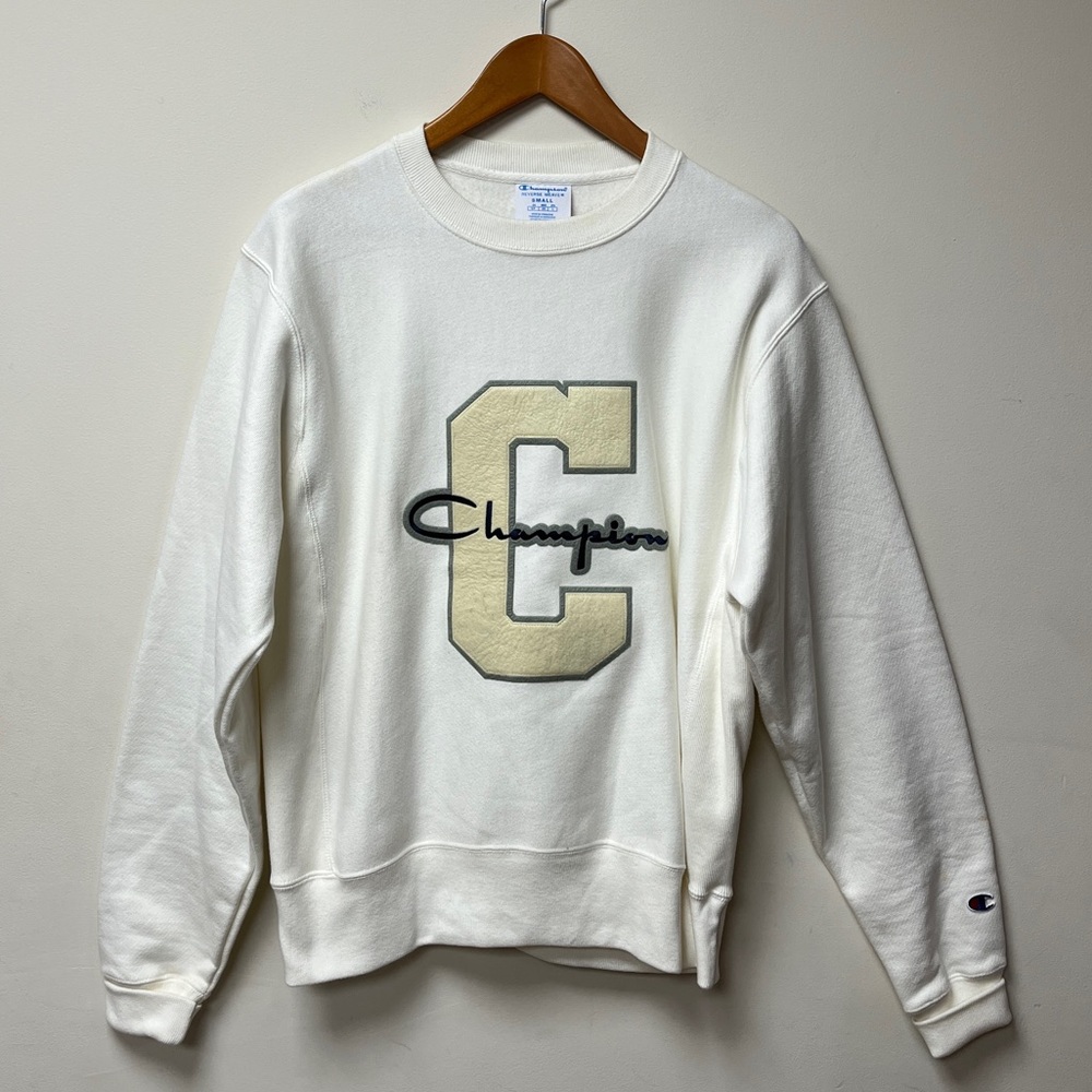 Champion Reverse Weave Sweatshirt Mens Small Varsity Letter Crewneck White Beige